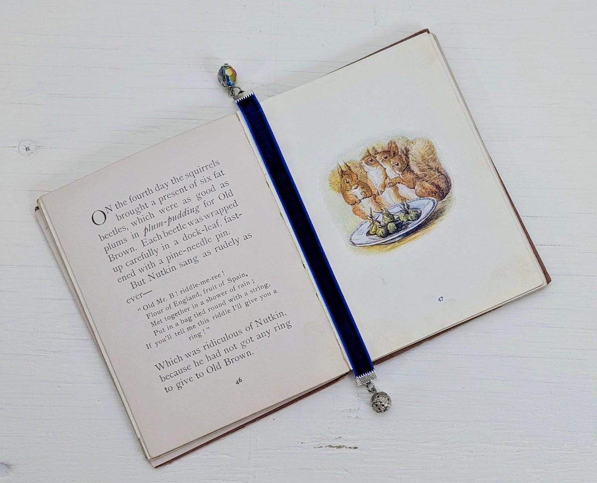 Mini Velvet Bookmark – Deep Blue with Crystal & Filigree Silver Charms | 6" Ribbon | Elegant Book Accessory Gift for Readers
