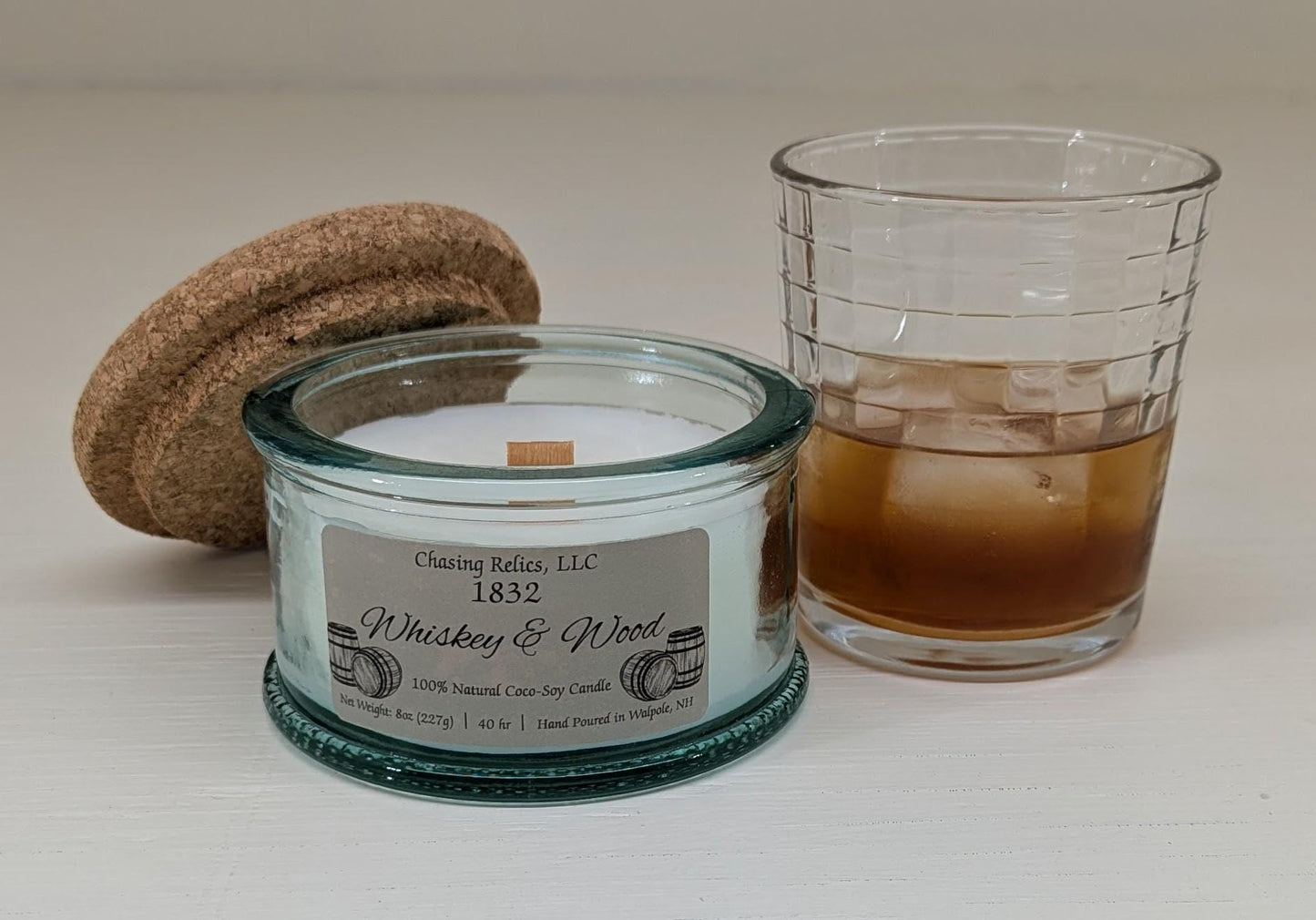 Whiskey and Wood Candle – Bourbon, Oak and Patchouli | Masculine Scented Candle in Vintage Glass | Wooden Wick | 1832 Collection | Hand Pour