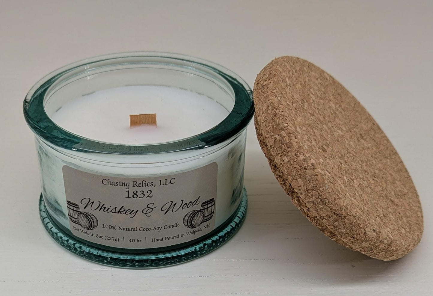 Whiskey and Wood Candle – Bourbon, Oak and Patchouli | Masculine Scented Candle in Vintage Glass | Wooden Wick | 1832 Collection | Hand Pour