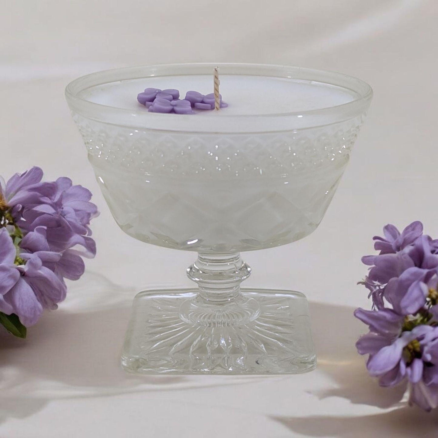 Lilac Soy Candle in Vintage Sherbet Cup – 6 oz | Hand-Poured Coco-Soy Wax | Phthalate-Free | New Hampshire Springtime Scent
