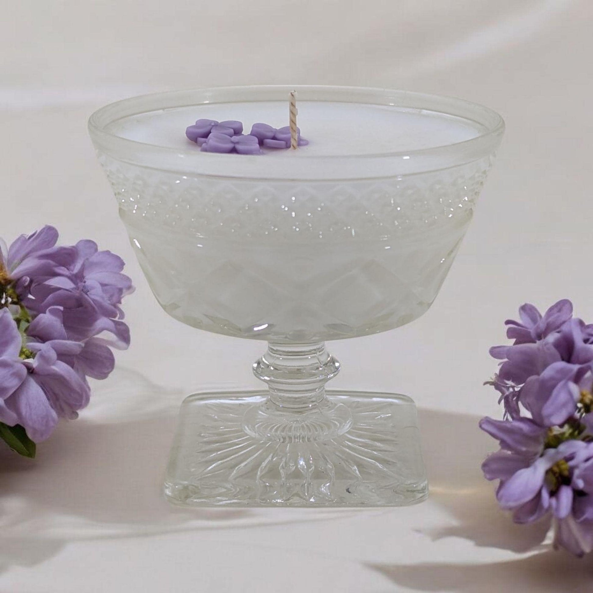 Lilac Soy Candle in Vintage Sherbet Cup – 6 oz | Hand-Poured Coco-Soy Wax | Phthalate-Free | New Hampshire Springtime Scent