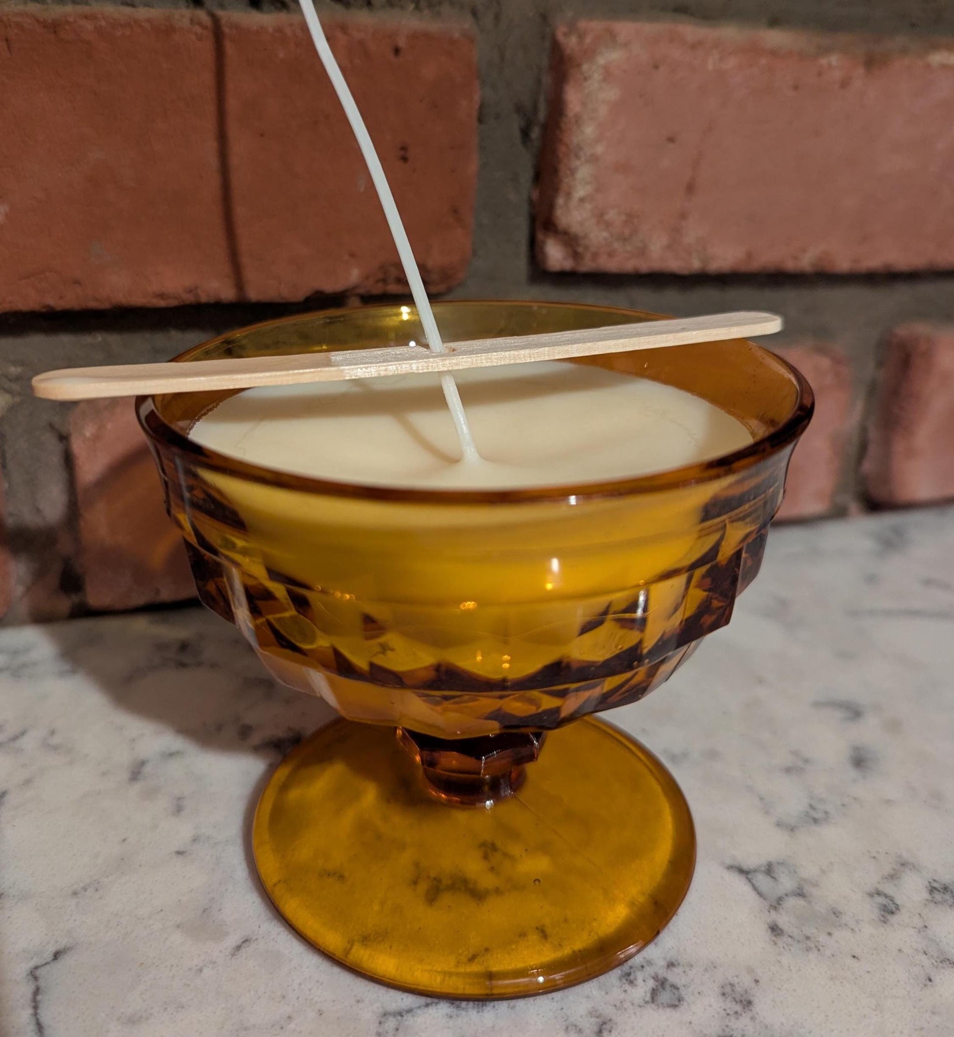 Hand-poured vintage glass candle with coco-soy wax blend, 'Oh, Sugar Cookie!' scent, amber cubist design, 6oz.