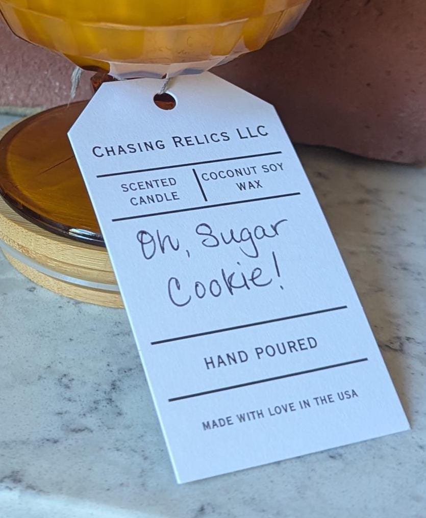 Hand-poured vintage glass candle with coco-soy wax blend, 'Oh, Sugar Cookie!' scent, amber cubist design, 6oz.