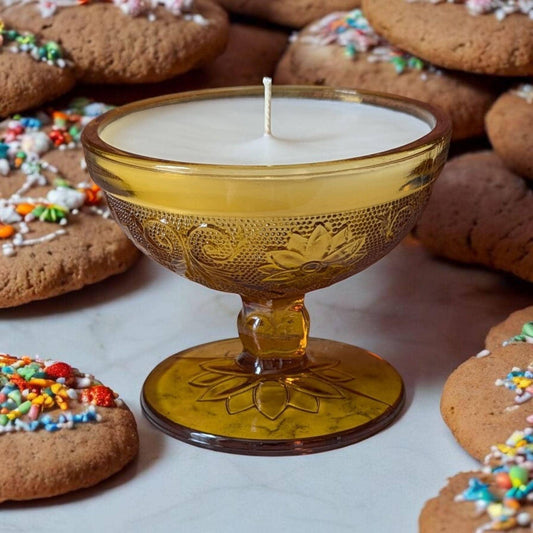 Sugar Cookie Whimsical Candle in Vintage Amber Tiara Sherbet Cup, 4 oz, Luxury Coco-Soy Blend