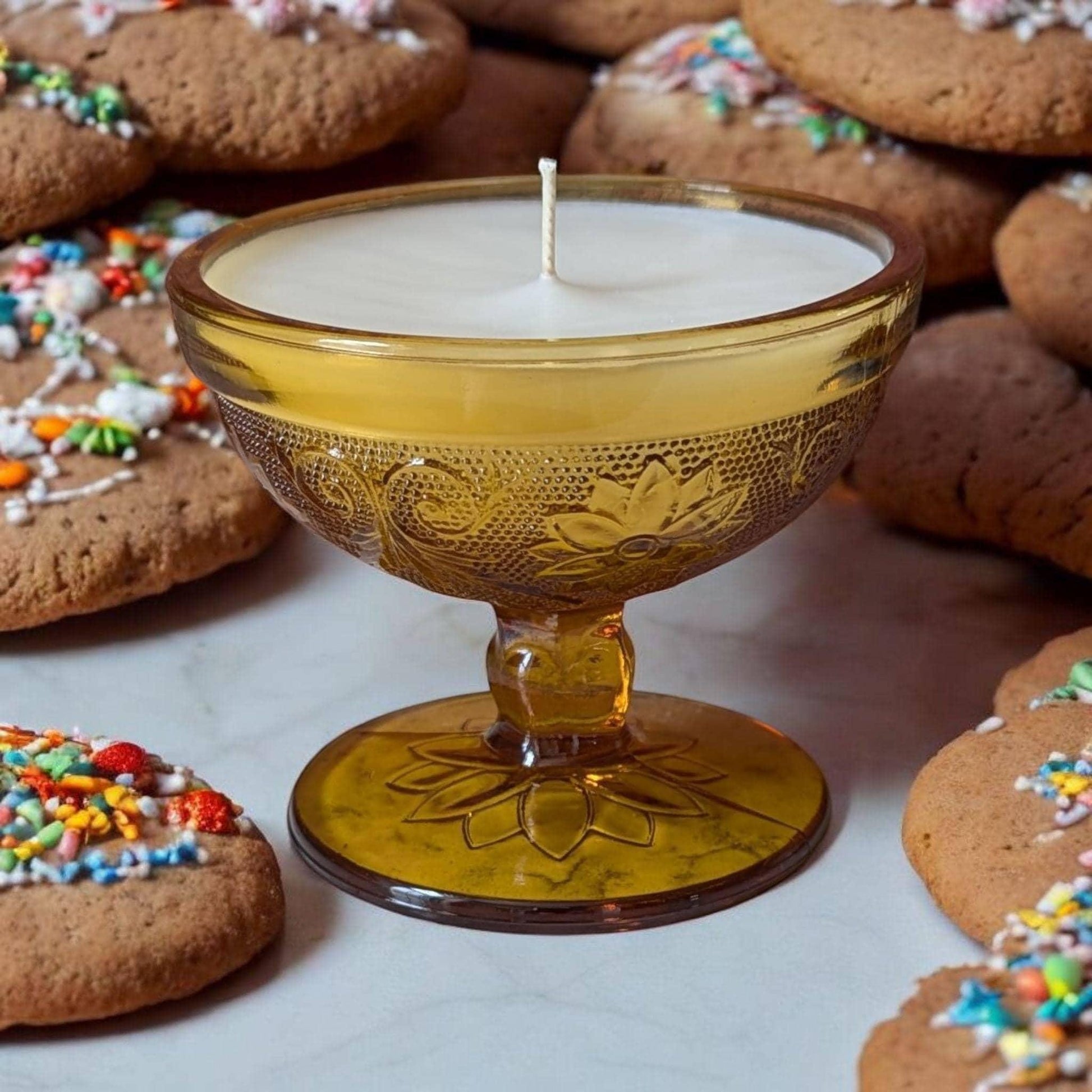Sugar Cookie Whimsical Candle in Vintage Amber Tiara Sherbet Cup, 4 oz, Luxury Coco-Soy Blend