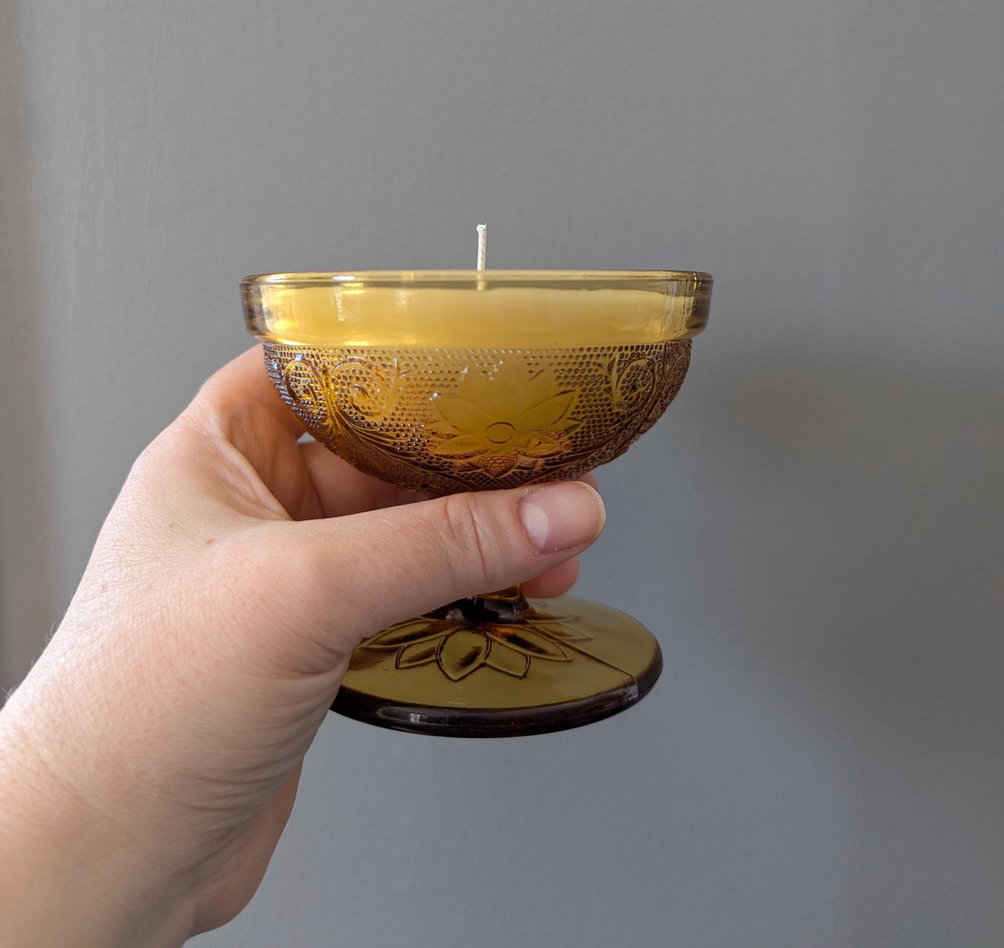 Hand-poured vintage glass candle with coco-soy wax blend, 'Oh, Sugar Cookie!' scent, amber Tiara design, 4oz.