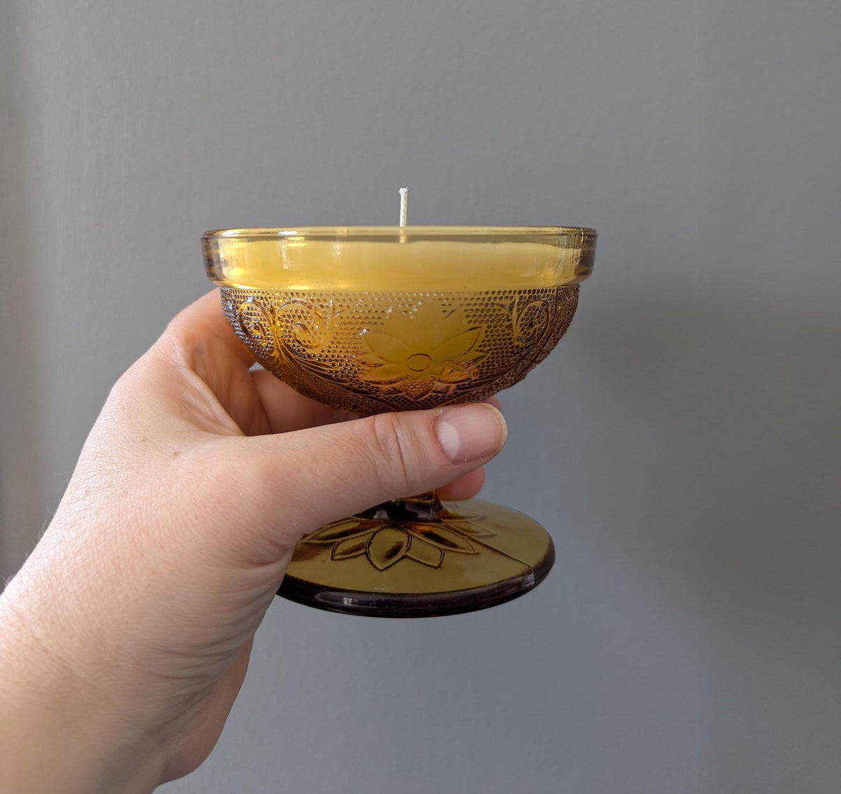 Hand-poured vintage glass candle with coco-soy wax blend, 'Oh, Sugar Cookie!' scent, amber Tiara design, 4oz.