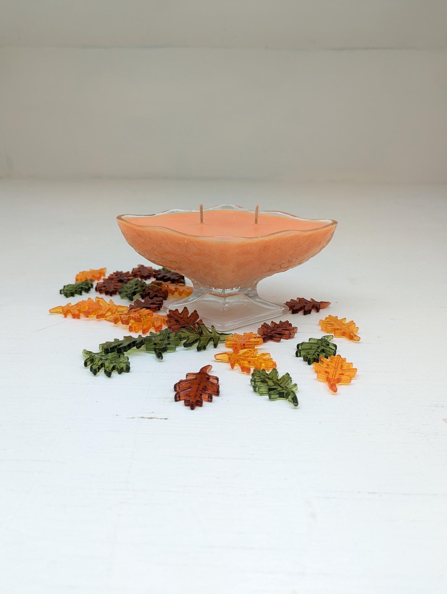 Autumn Leaves Candle – Vintage Glass Pedestal Bowl | Coco Soy Wax | Double Cotton Wicks | Fall Home Decor | Hand Poured 6oz