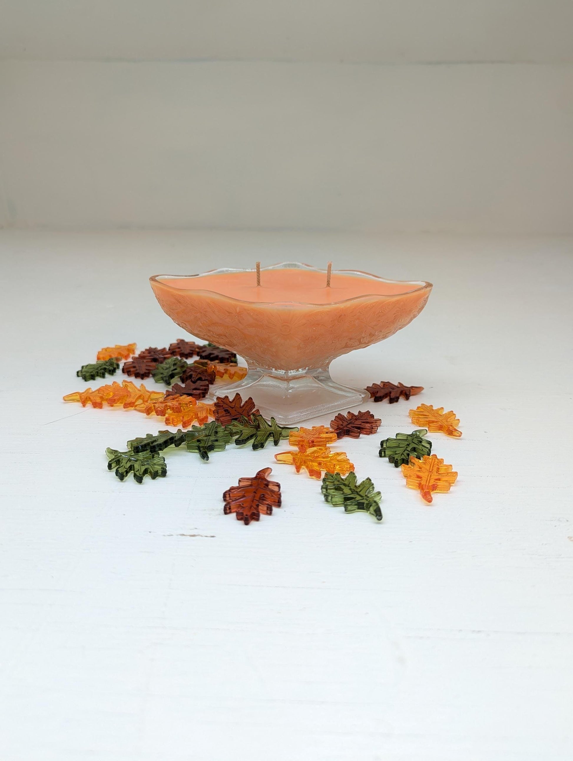Autumn Leaves Candle – Vintage Glass Pedestal Bowl | Coco Soy Wax | Double Cotton Wicks | Fall Home Decor | Hand Poured 6oz