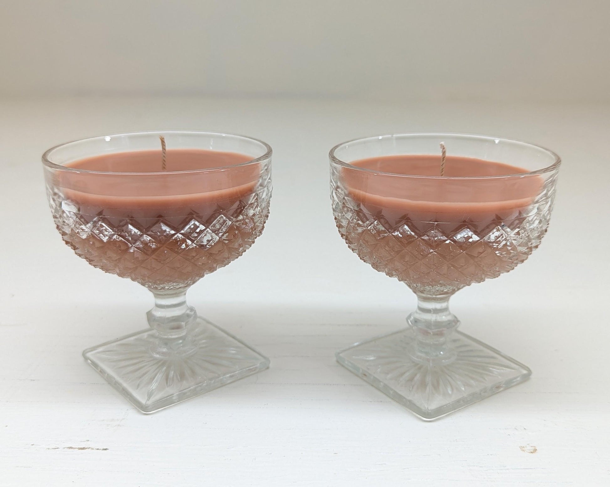 Chocolate Pudding Candle Duo – 4 oz Vintage Cut Glass Cups | Coco Soy Wax | Cotton Wick | Upcycled Dessert Candle Gift Set