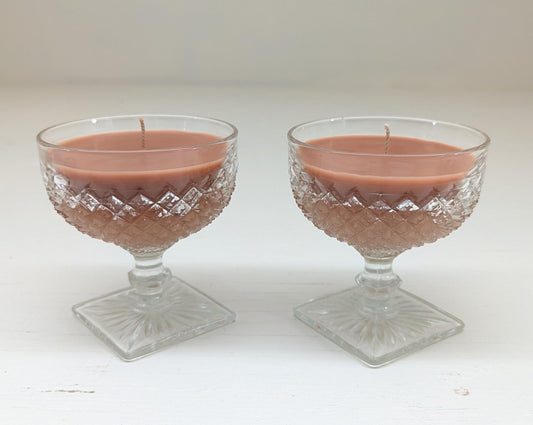 Chocolate Pudding Candle Duo – 4 oz Vintage Cut Glass Cups | Coco Soy Wax | Cotton Wick | Upcycled Dessert Candle Gift Set