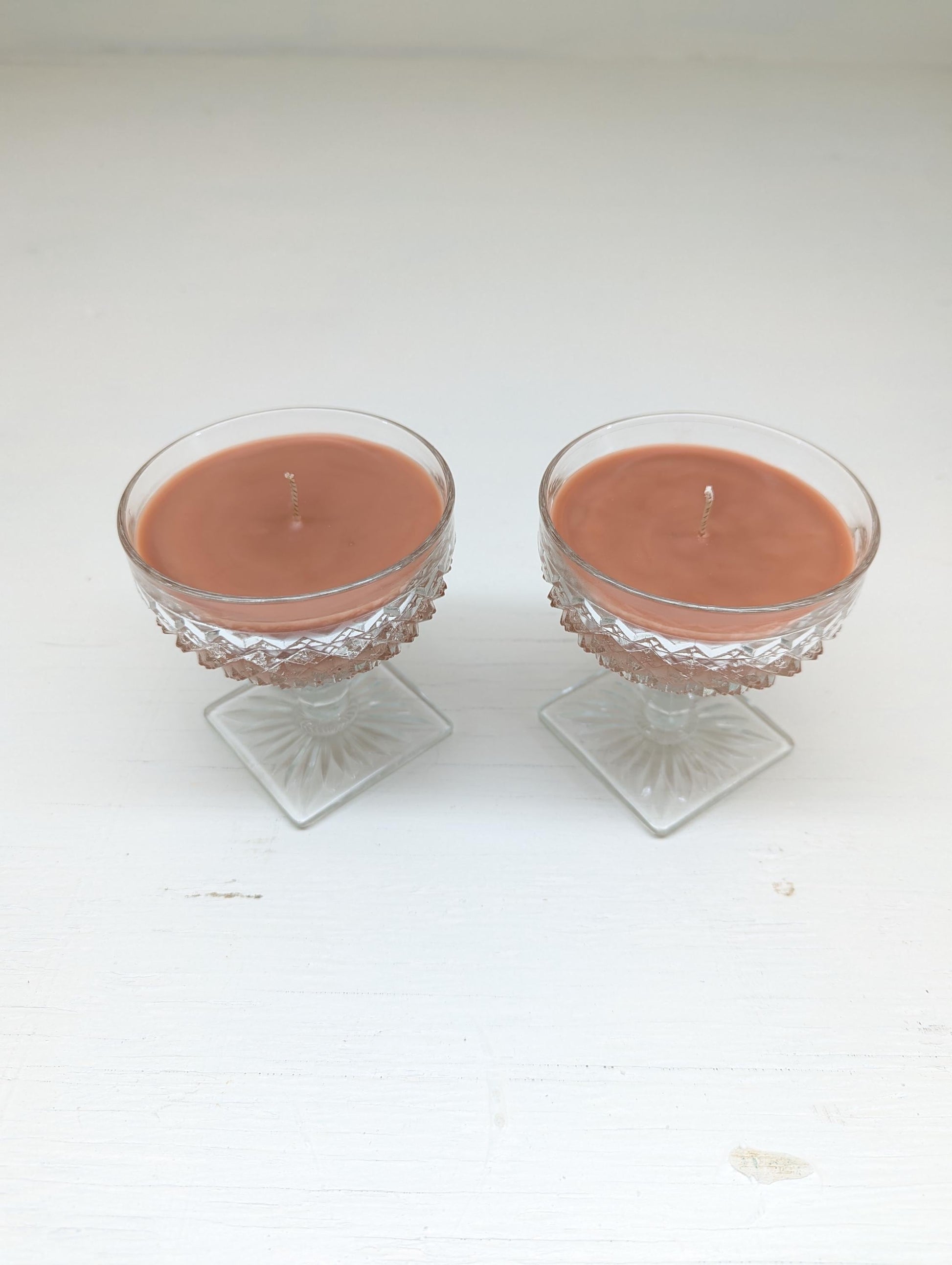 Chocolate Pudding Candle Duo – 4 oz Vintage Cut Glass Cups | Coco Soy Wax | Cotton Wick | Upcycled Dessert Candle Gift Set
