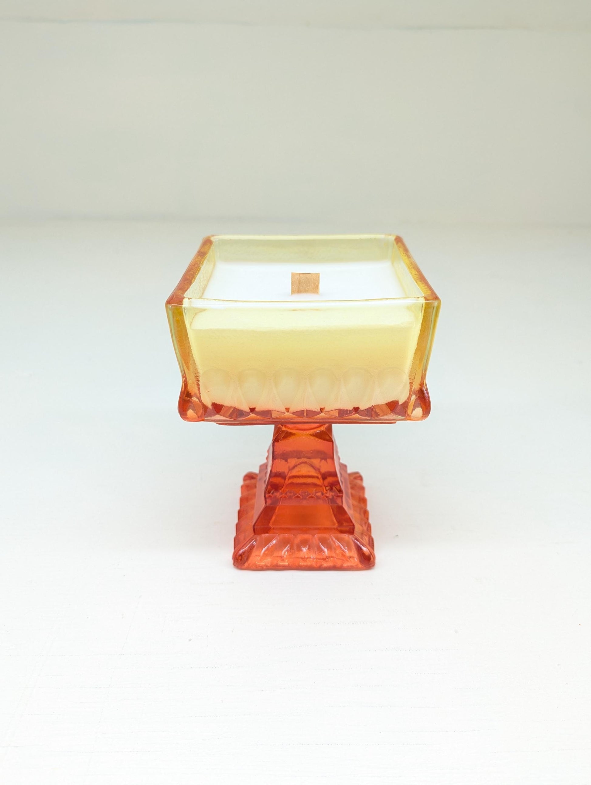 Apple Cider Candle – 10 oz Coco Soy | Vintage Orange Pedestal Glass | Wooden Wick | Hand Poured Autumn Candle