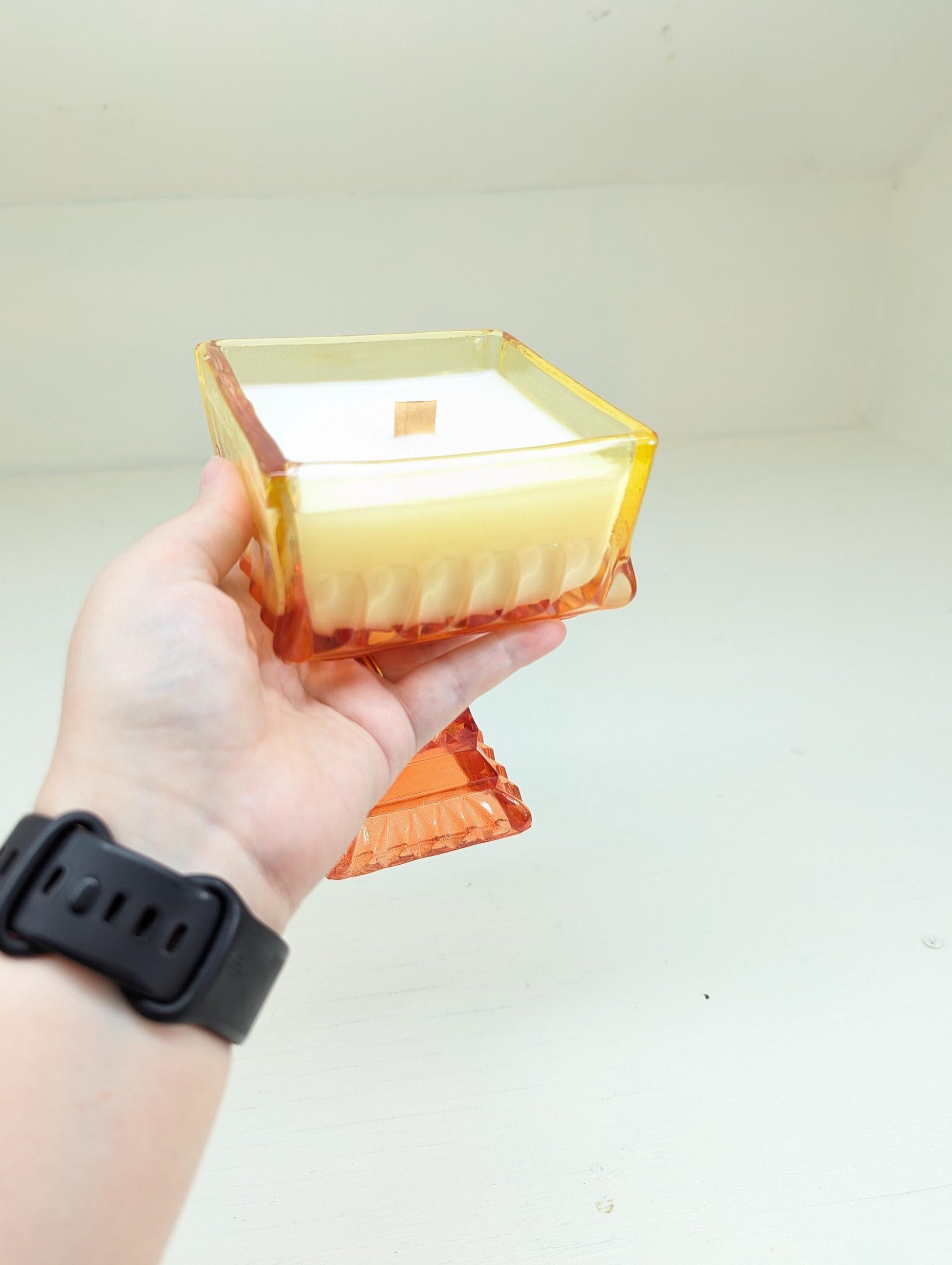 Apple Cider Candle – 10 oz Coco Soy | Vintage Orange Pedestal Glass | Wooden Wick | Hand Poured Autumn Candle