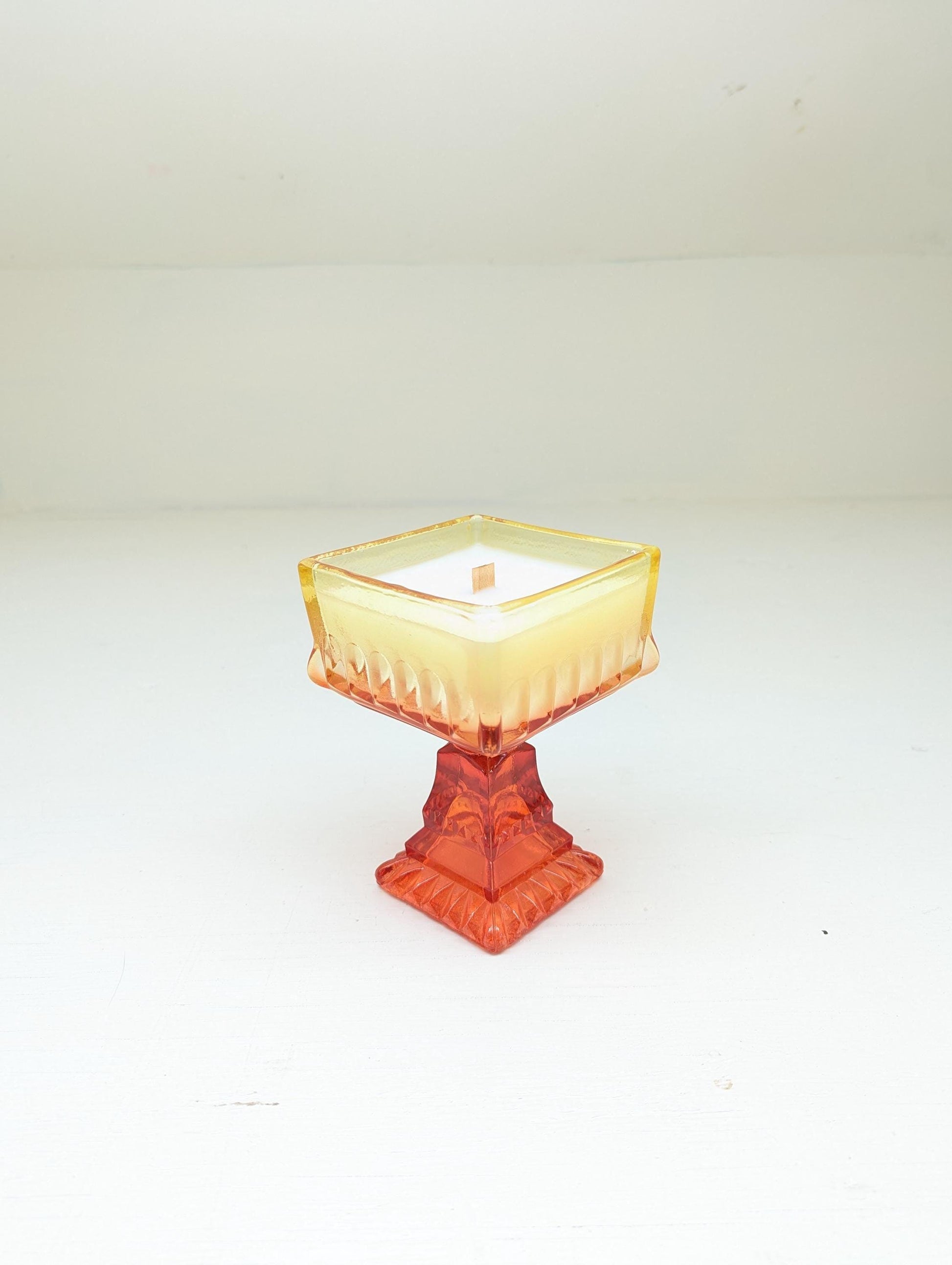 Apple Cider Candle – 10 oz Coco Soy | Vintage Orange Pedestal Glass | Wooden Wick | Hand Poured Autumn Candle