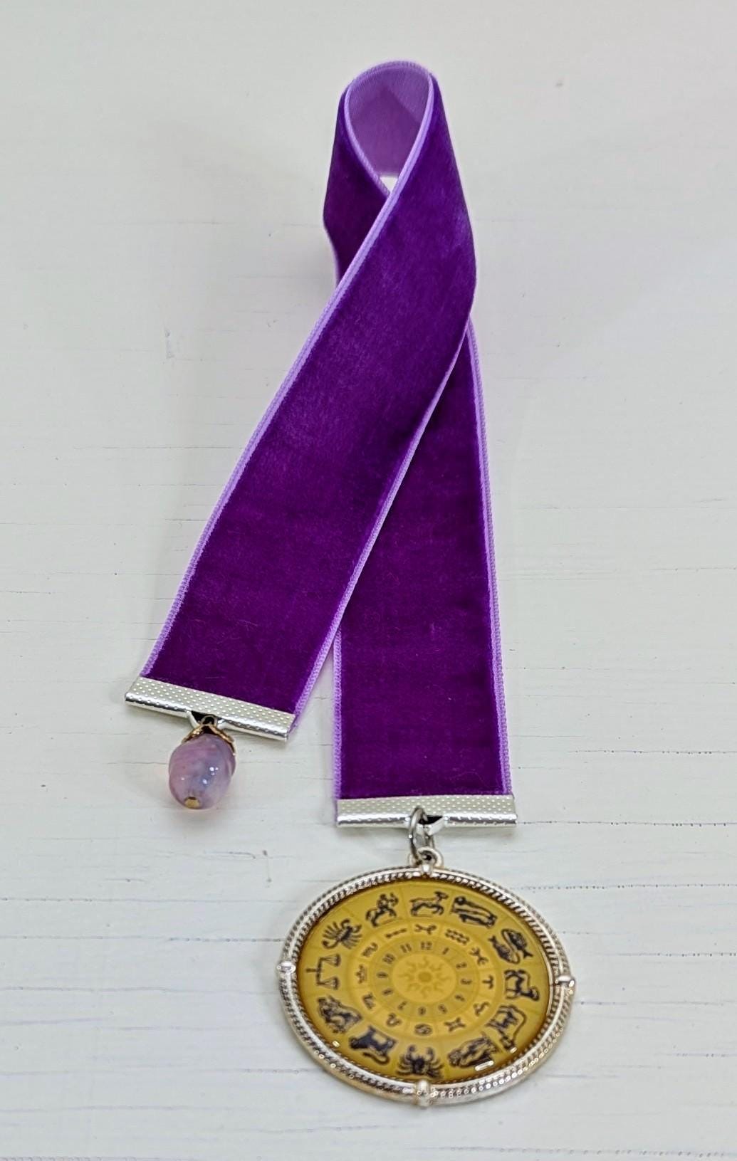 Zodiac Velvet Bookmark – Vintage Astrology Charm & Gemstone Accent | 12" Purple Ribbon | Handmade Gift for Readers and Horoscope Lovers