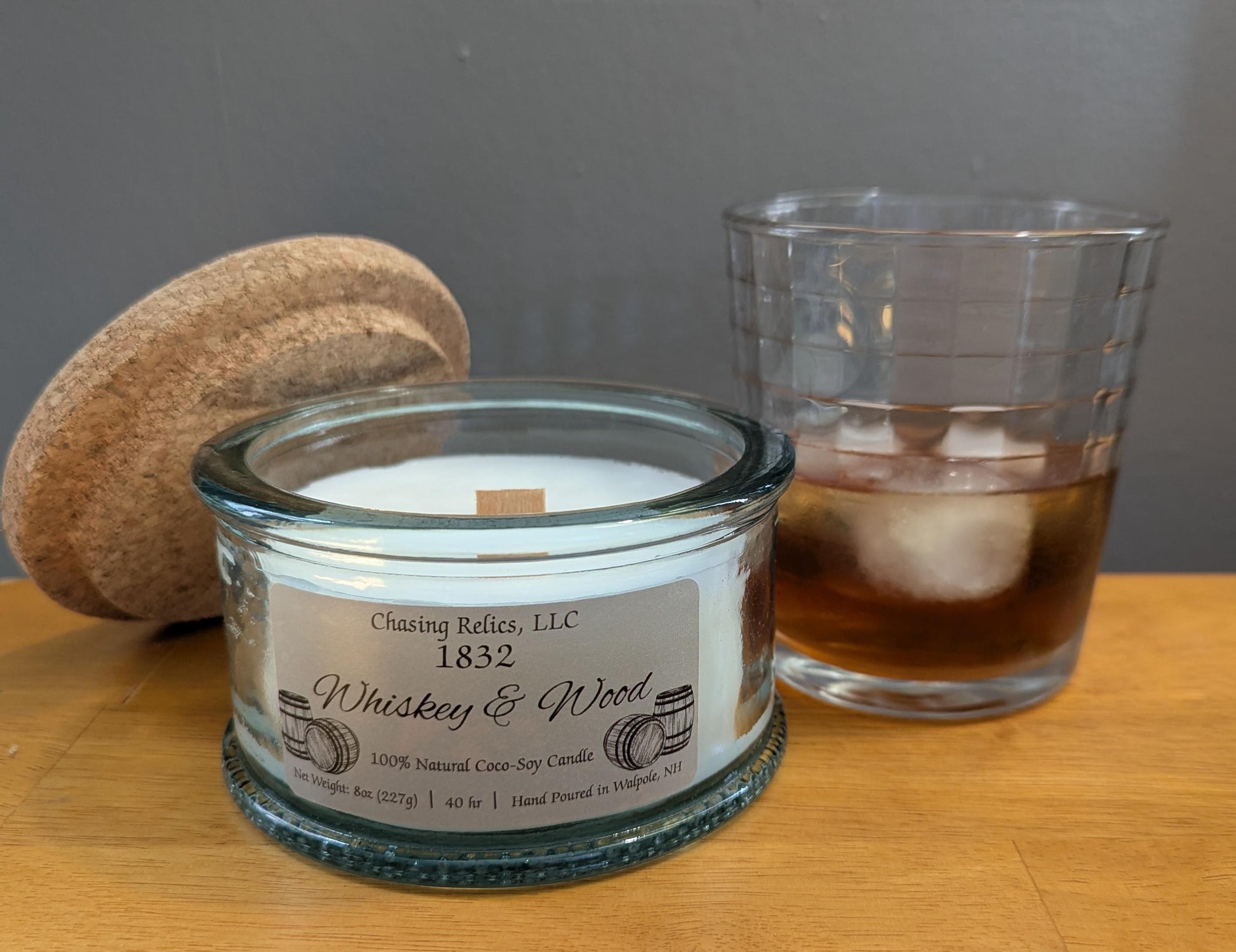 Whiskey and Wood Candle – Bourbon, Oak and Patchouli | Masculine Scented Candle in Vintage Glass | Wooden Wick | 1832 Collection | Hand Pour