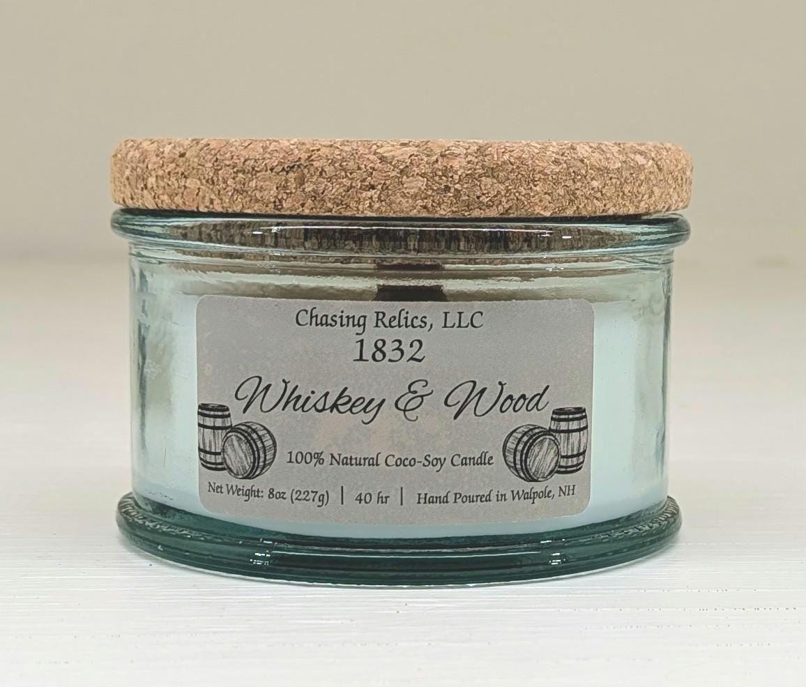 Whiskey and Wood Candle – Bourbon, Oak and Patchouli | Masculine Scented Candle in Vintage Glass | Wooden Wick | 1832 Collection | Hand Pour