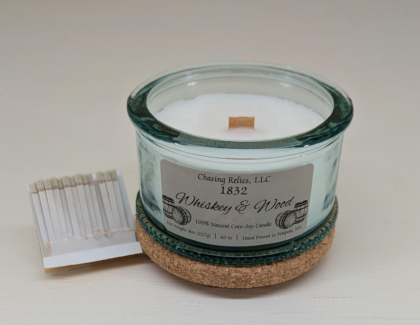 Whiskey and Wood Candle – Bourbon, Oak and Patchouli | Masculine Scented Candle in Vintage Glass | Wooden Wick | 1832 Collection | Hand Pour