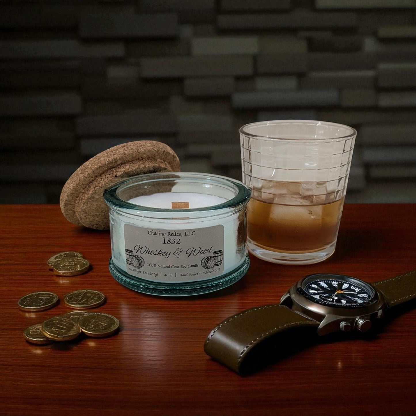 Whiskey and Wood Candle – Bourbon, Oak and Patchouli | Masculine Scented Candle in Vintage Glass | Wooden Wick | 1832 Collection | Hand Pour