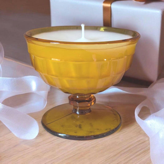 Hand-poured vintage glass candle with coco-soy wax blend, 'Oh, Sugar Cookie!' scent, amber cubist design, 6oz.