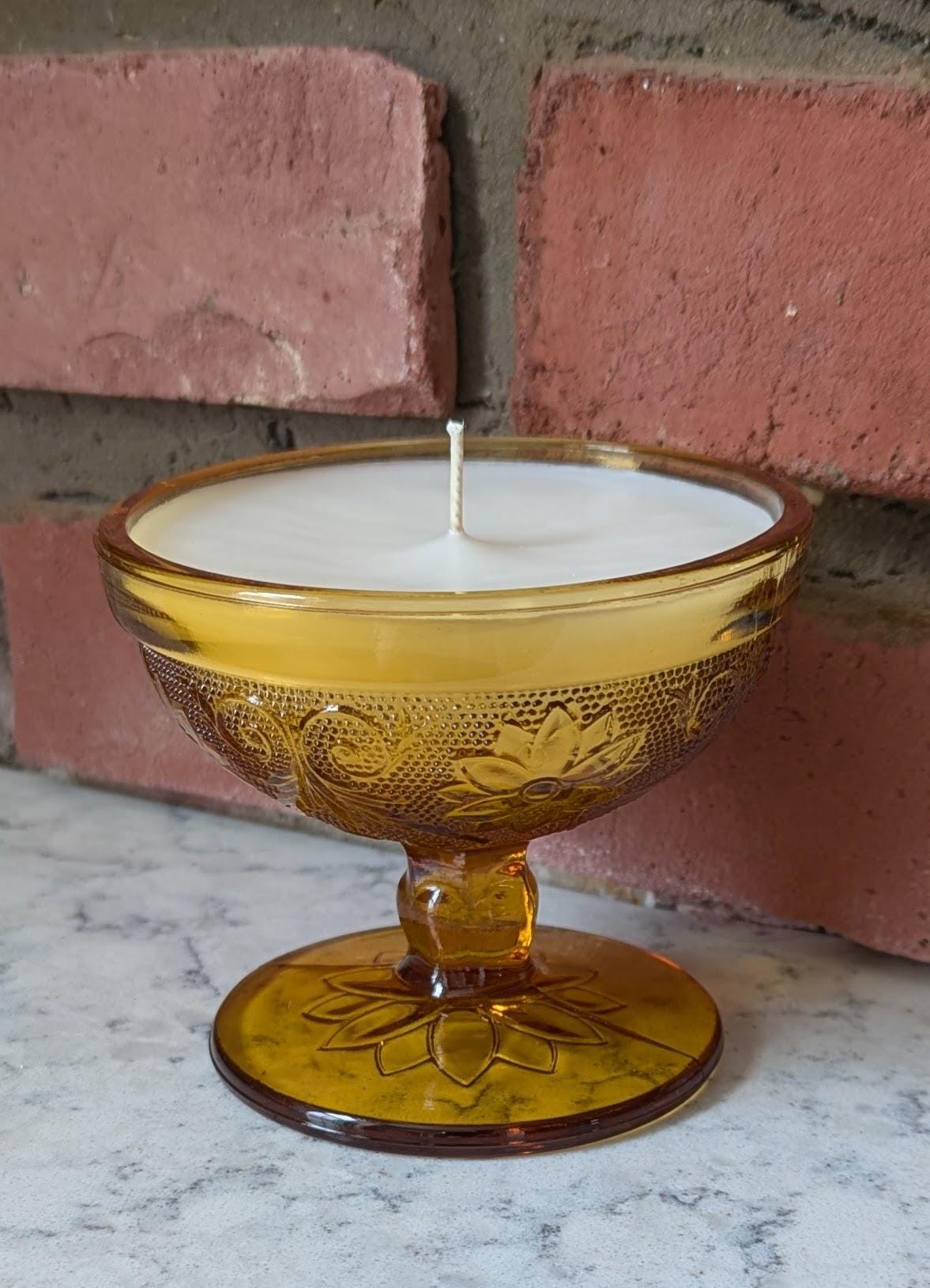 Hand-poured vintage glass candle with coco-soy wax blend, 'Oh, Sugar Cookie!' scent, amber Tiara design, 4oz.