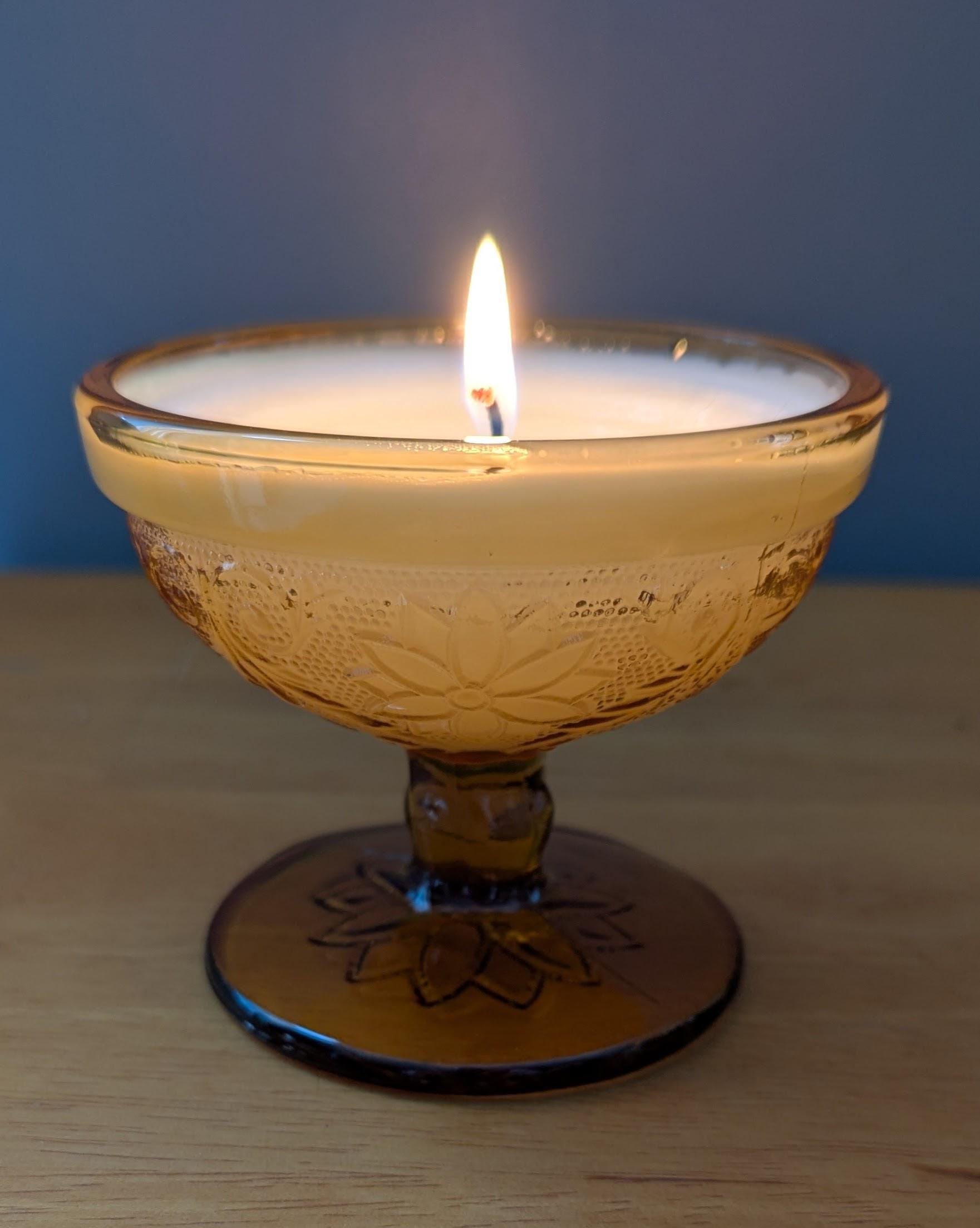 Hand-poured vintage glass candle with coco-soy wax blend, 'Oh, Sugar Cookie!' scent, amber Tiara design, 4oz.