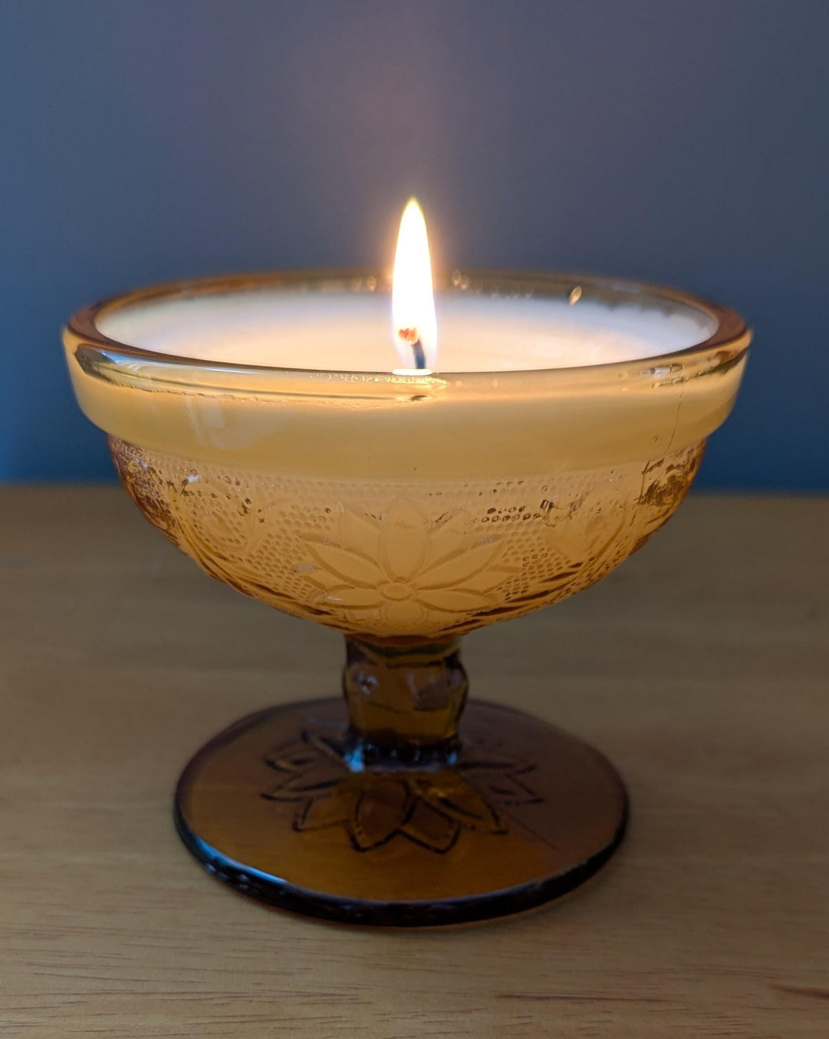 Hand-poured vintage glass candle with coco-soy wax blend, 'Oh, Sugar Cookie!' scent, amber Tiara design, 4oz.