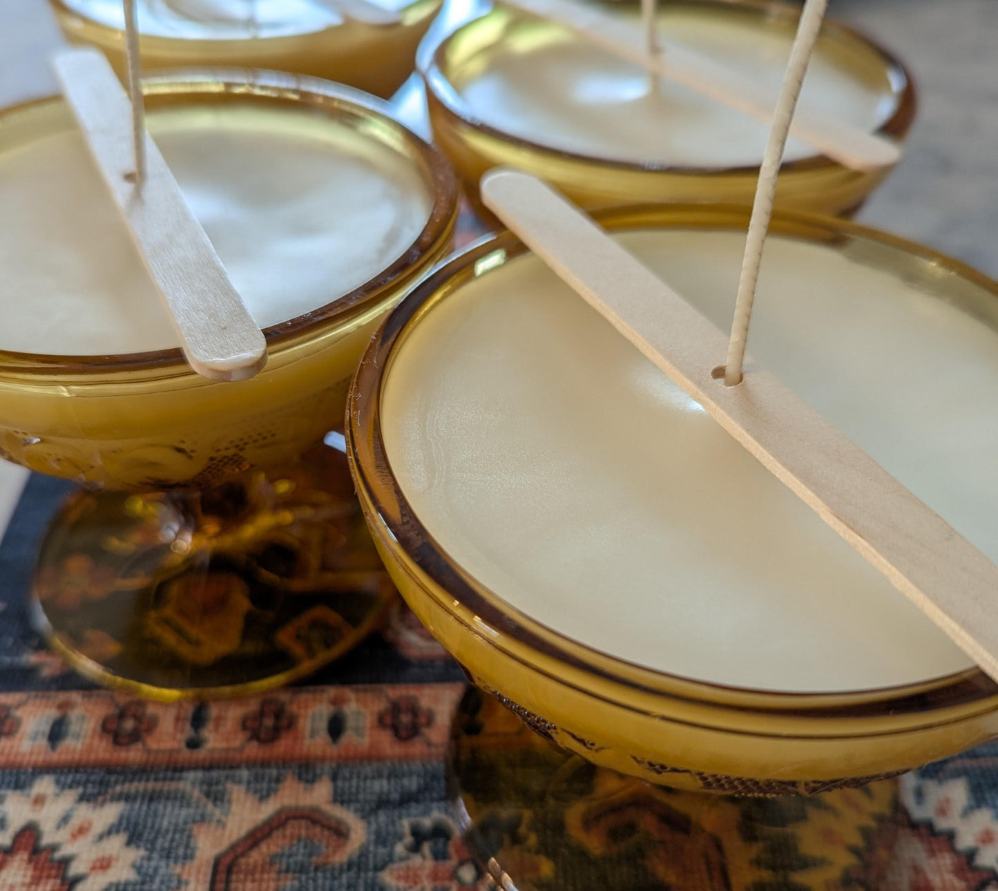 Hand-poured vintage glass candle with coco-soy wax blend, 'Oh, Sugar Cookie!' scent, amber Tiara design, 4oz.