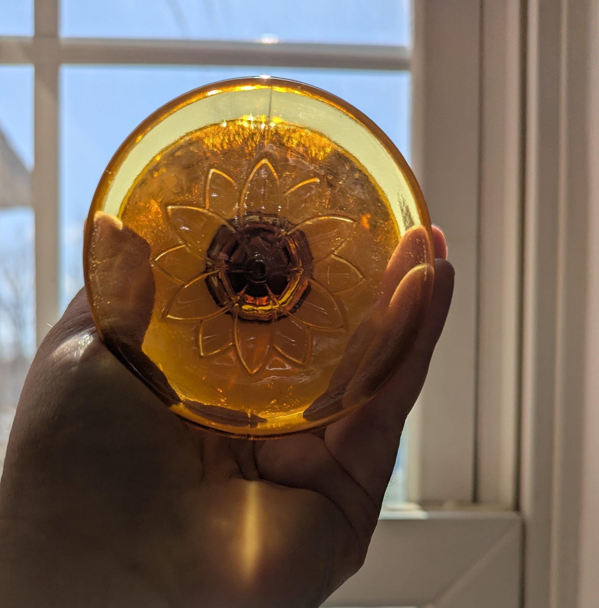 Hand-poured vintage glass candle with coco-soy wax blend, 'Oh, Sugar Cookie!' scent, amber Tiara design, 4oz.