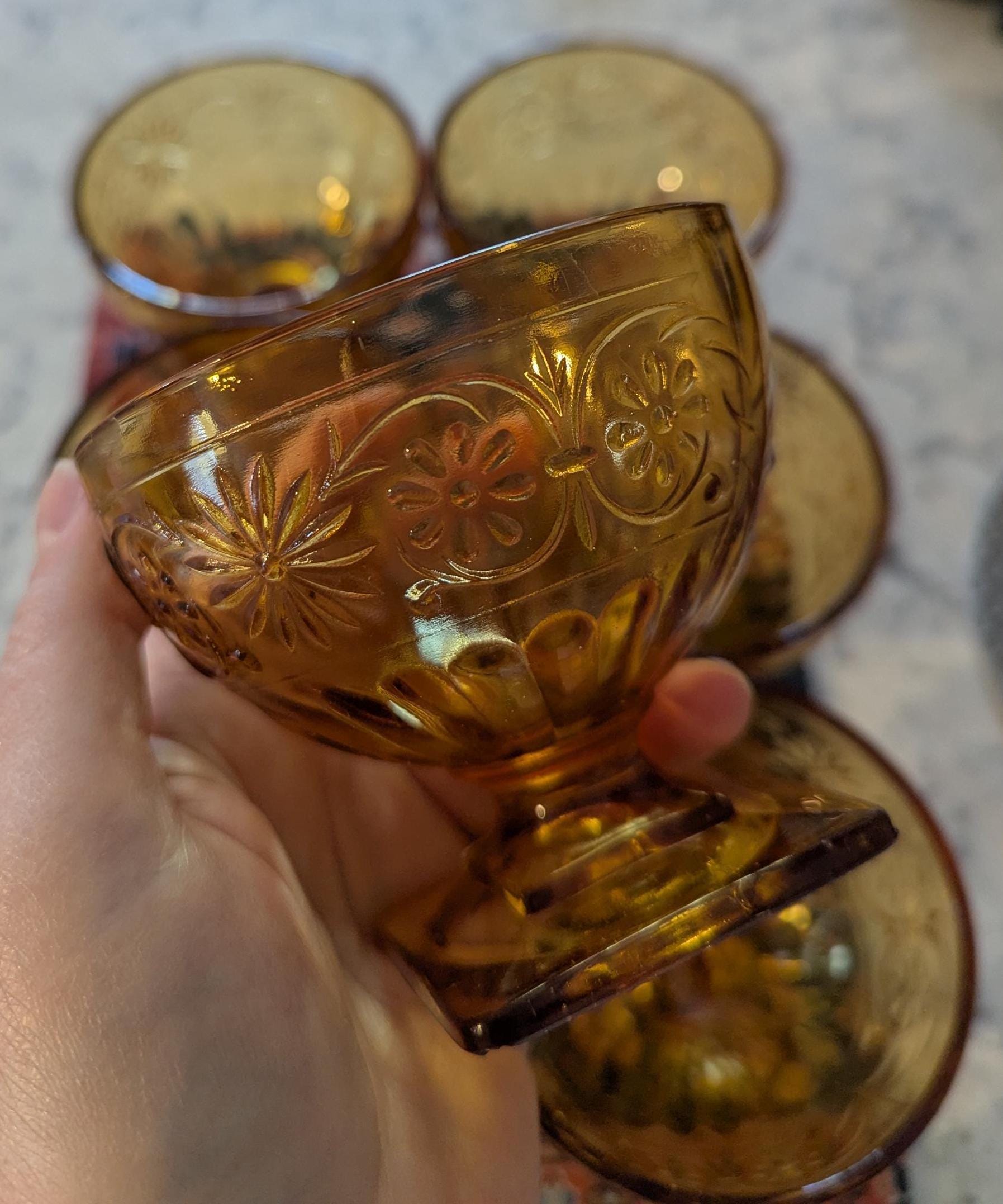 Hand-poured vintage glass candle with coco-soy wax blend, 'Oh, Sugar Cookie!' scent, Daisy amber design, 6oz.