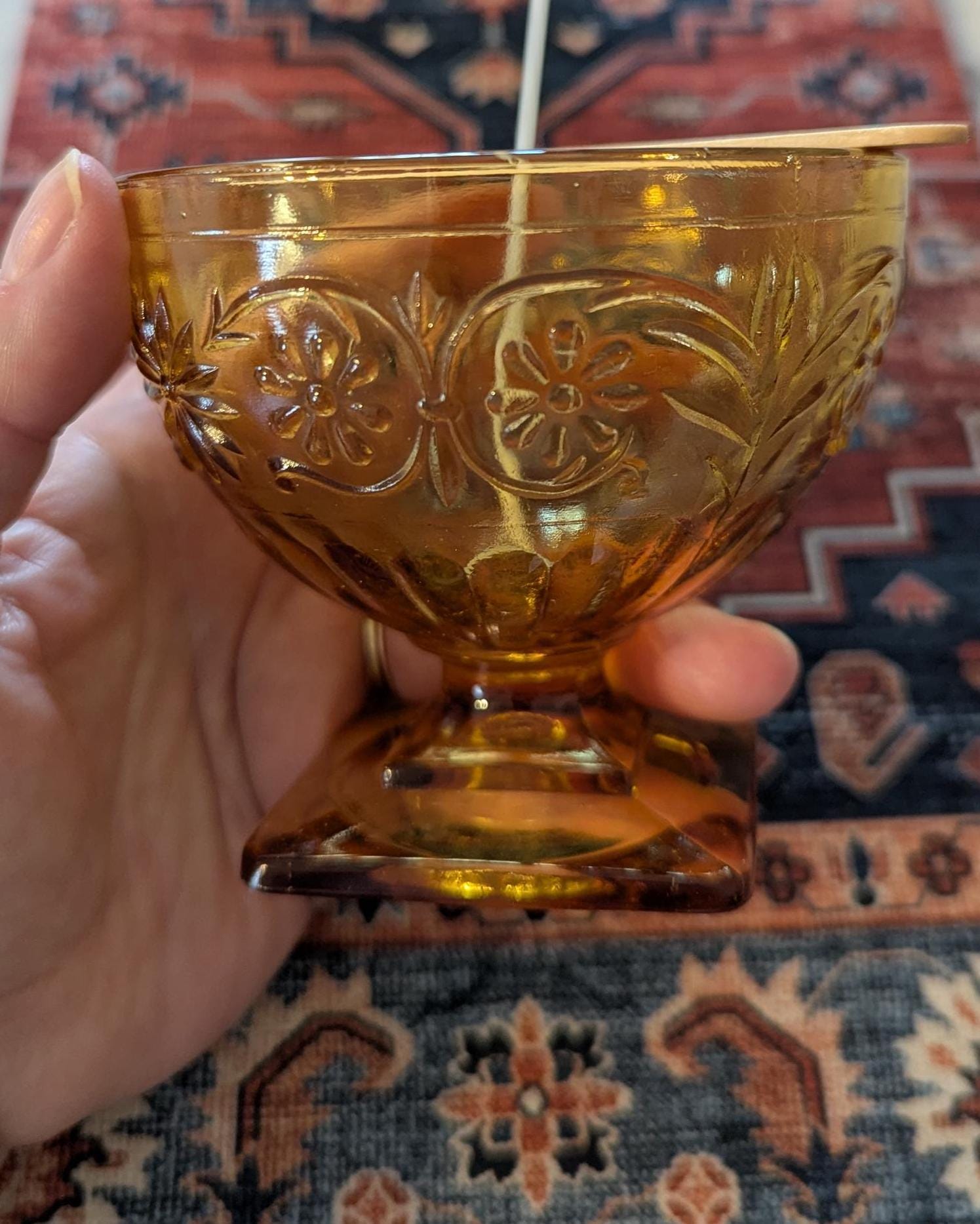 Hand-poured vintage glass candle with coco-soy wax blend, 'Oh, Sugar Cookie!' scent, Daisy amber design, 6oz.