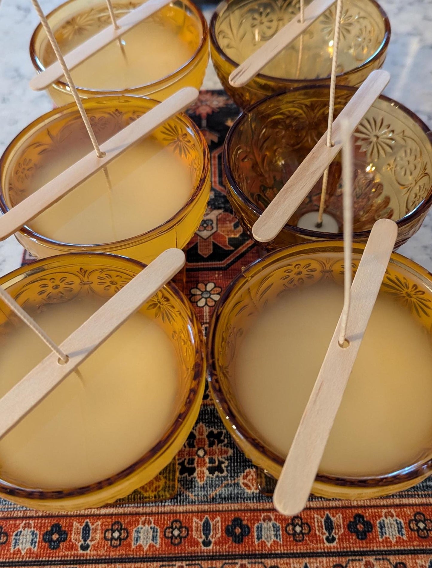 Hand-poured vintage glass candle with coco-soy wax blend, 'Oh, Sugar Cookie!' scent, Daisy amber design, 6oz.
