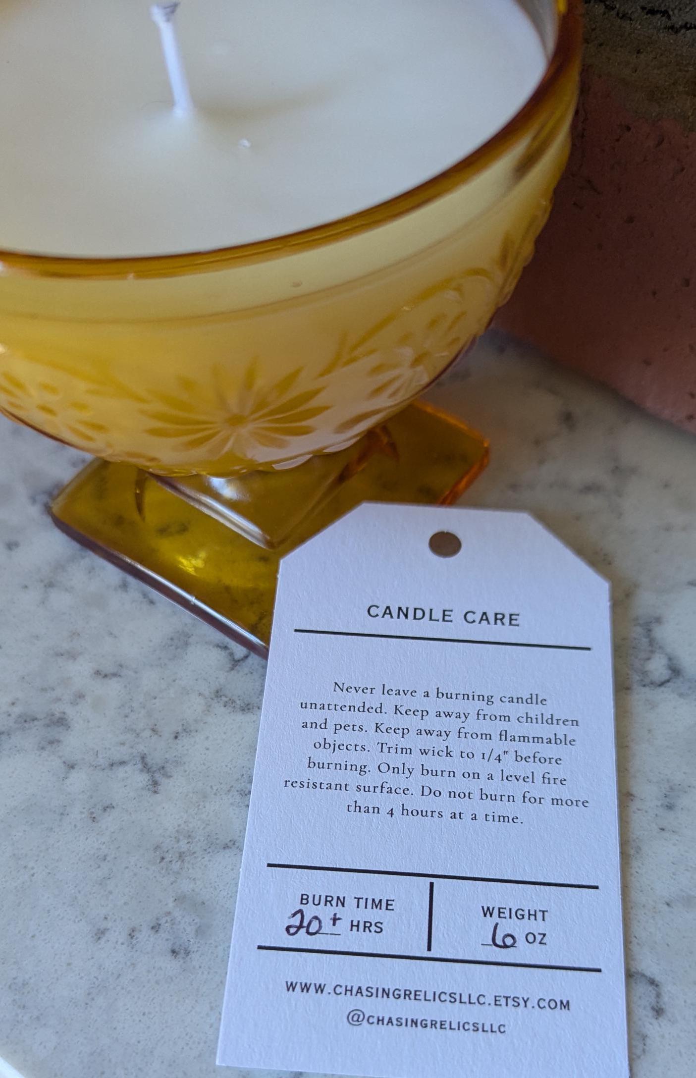 Hand-poured vintage glass candle with coco-soy wax blend, 'Oh, Sugar Cookie!' scent, Daisy amber design, 6oz.