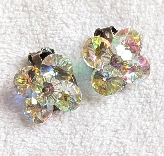 Vintage Aurora Borealis Clip-On Earrings – Iridescent Crystal Floral Design, Mid Century Costume Jewelry