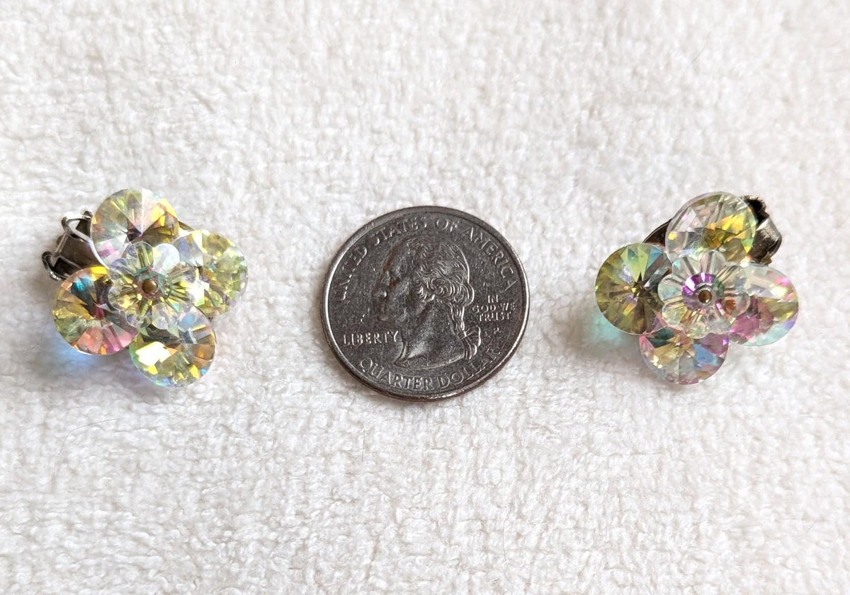 Vintage Aurora Borealis Clip-On Earrings – Iridescent Crystal Floral Design, Mid Century Costume Jewelry