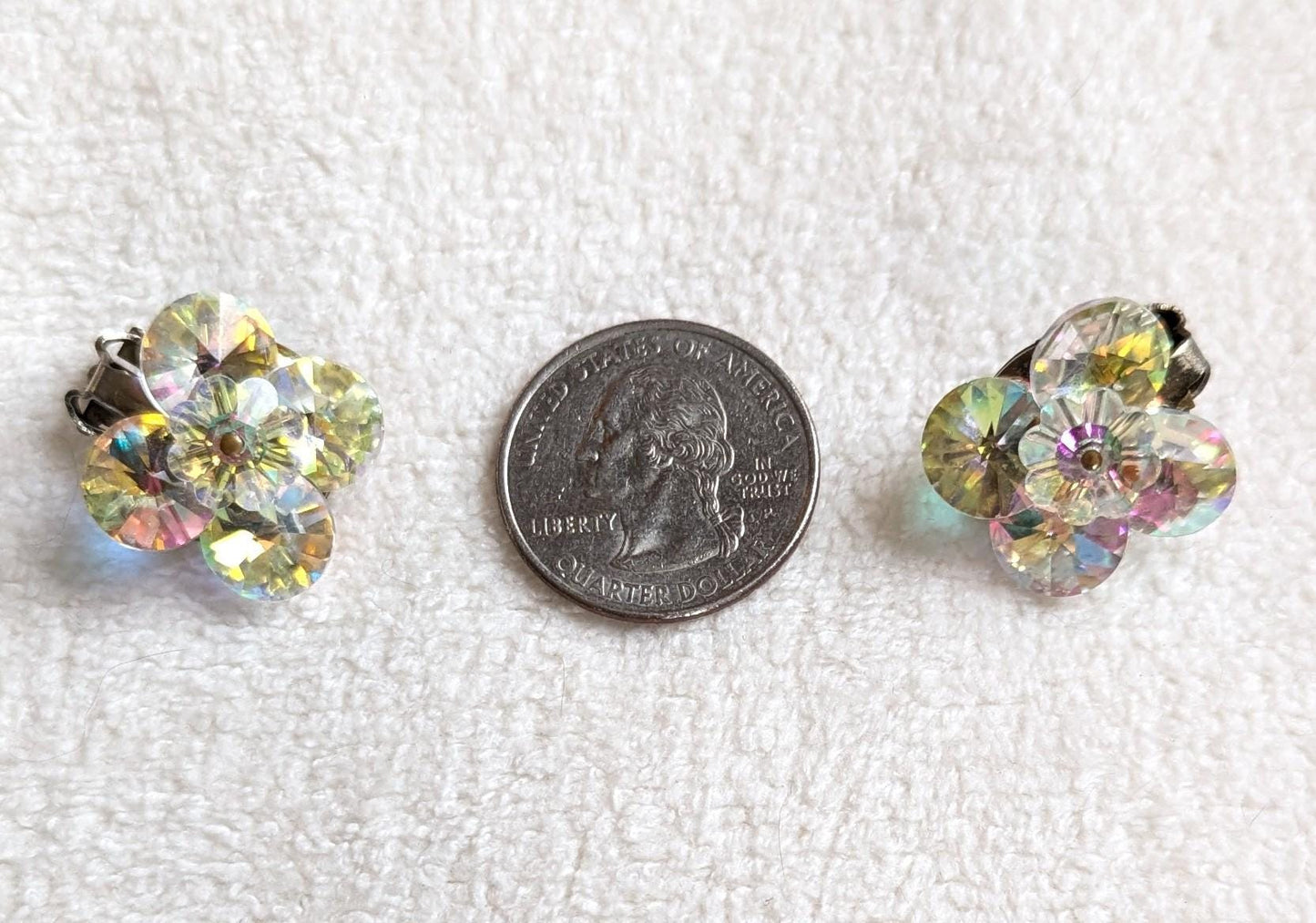 Vintage Aurora Borealis Clip-On Earrings – Iridescent Crystal Floral Design, Mid Century Costume Jewelry