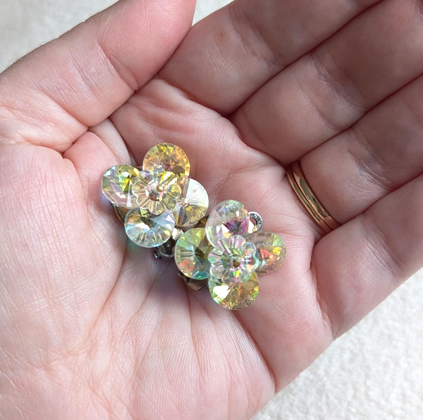Vintage Aurora Borealis Clip-On Earrings – Iridescent Crystal Floral Design, Mid Century Costume Jewelry