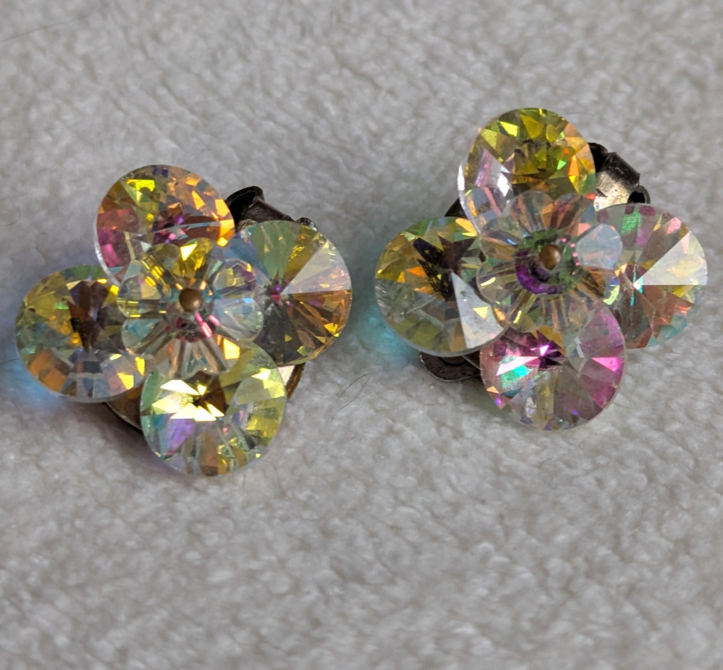 Vintage Aurora Borealis Clip-On Earrings – Iridescent Crystal Floral Design, Mid Century Costume Jewelry