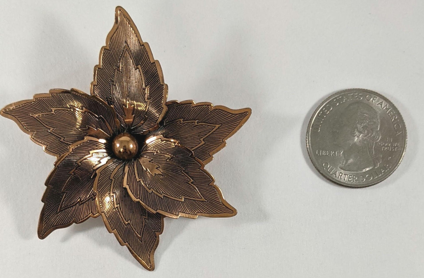 Vintage Copper Flower Brooch – Stamped Floral Metal Pin, Romantic Botanical Jewelry