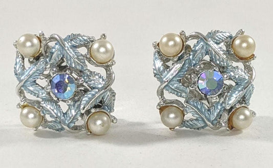 Vintage Baby Blue Clip-On Earrings – Faux Pearl Accents, 1950s Pastel Costume Jewelry