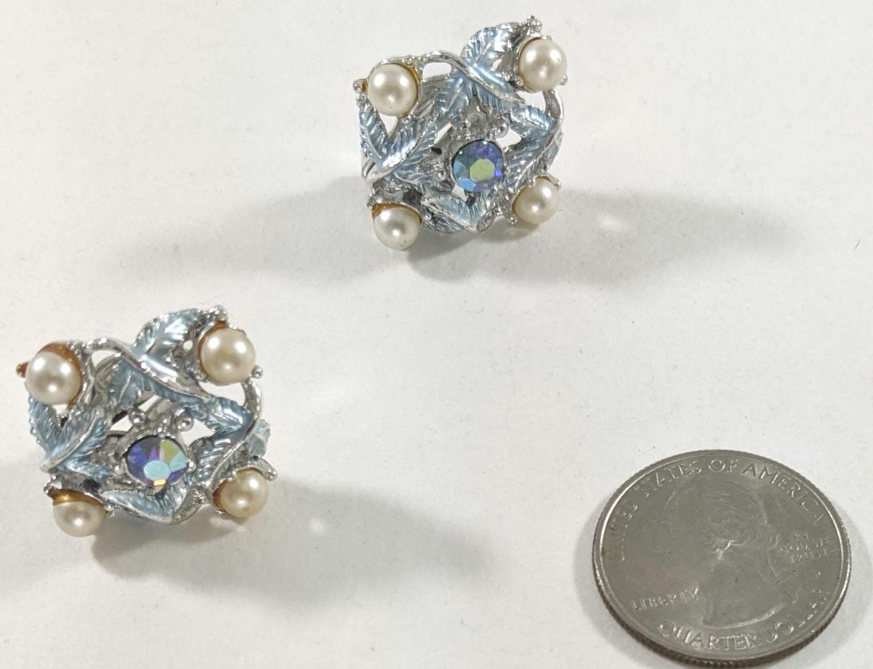 Vintage Baby Blue Clip-On Earrings – Faux Pearl Accents, 1950s Pastel Costume Jewelry