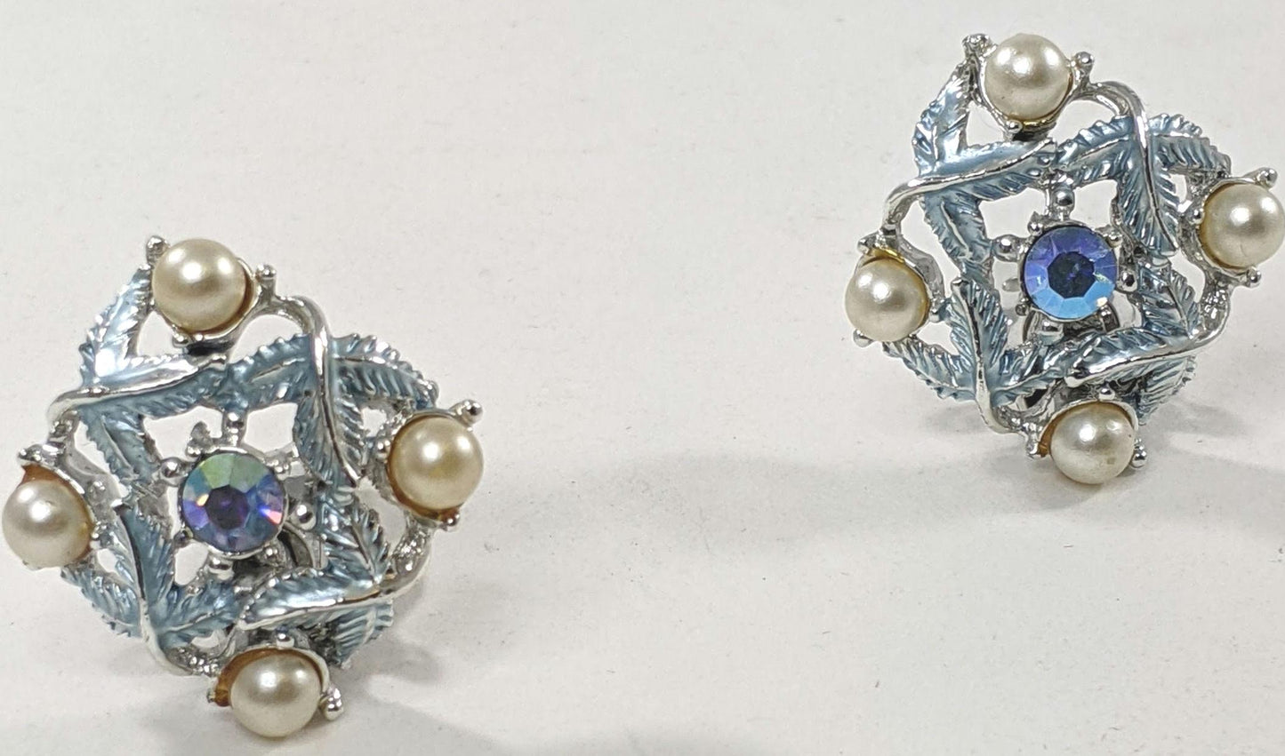 Vintage Baby Blue Clip-On Earrings – Faux Pearl Accents, 1950s Pastel Costume Jewelry