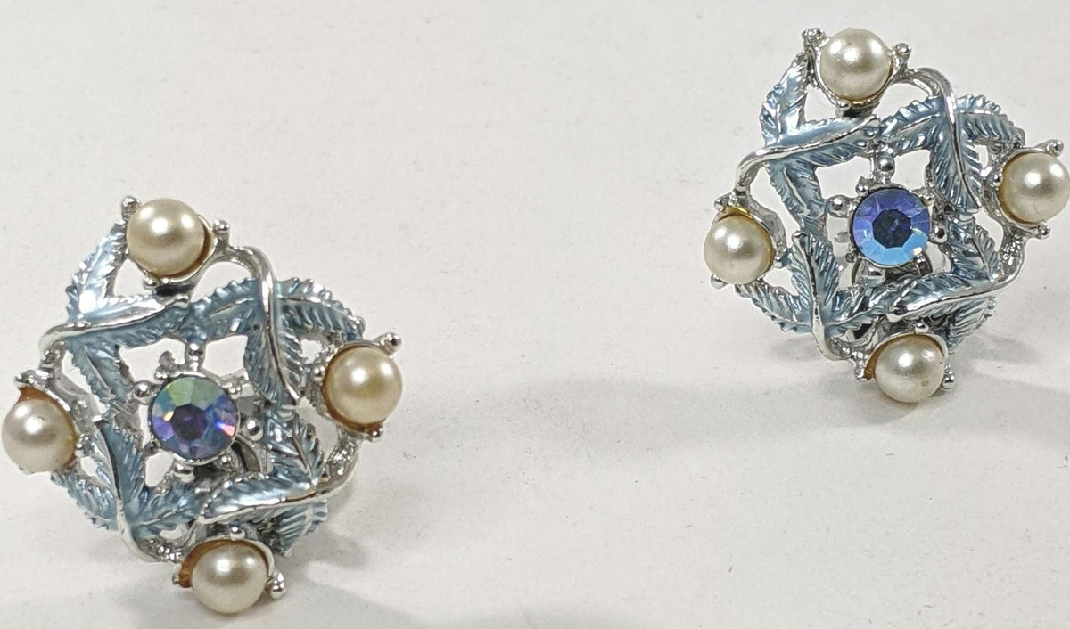 Vintage Baby Blue Clip-On Earrings – Faux Pearl Accents, 1950s Pastel Costume Jewelry