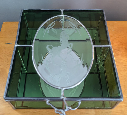 Vintage Stained Glass Unicorn Jewelry Box | Etched Emerald Green Decor