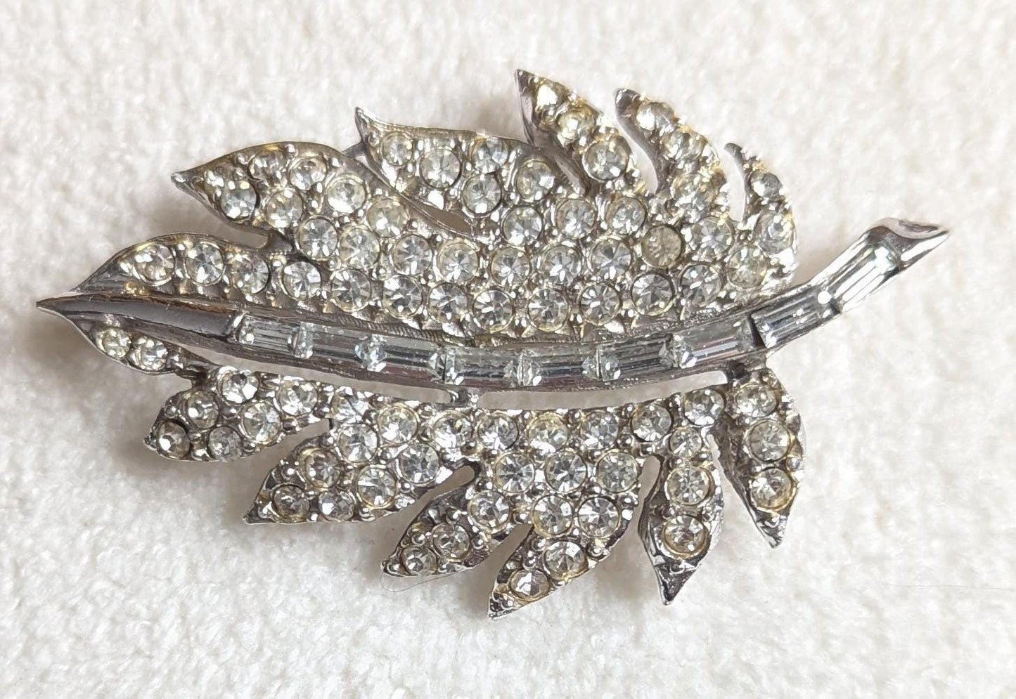 Pell Rhinestone Leaf Brooch | Vintage 1950s Silver Tone Botanical Pin