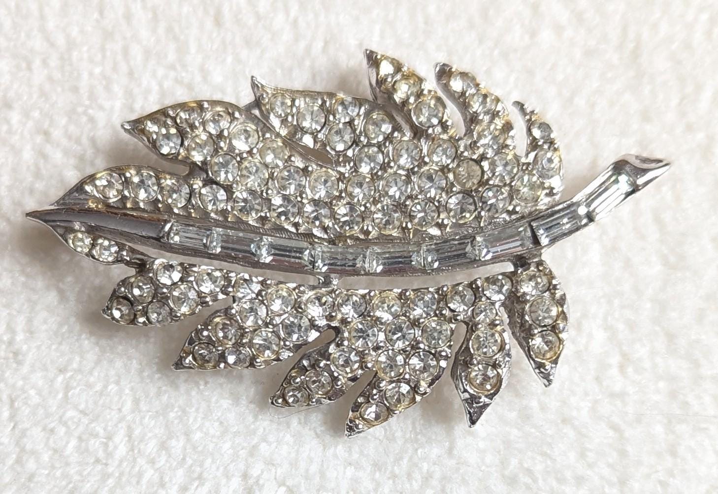 Pell Rhinestone Leaf Brooch | Vintage 1950s Silver Tone Botanical Pin