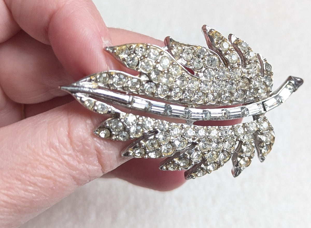 Pell Rhinestone Leaf Brooch | Vintage 1950s Silver Tone Botanical Pin