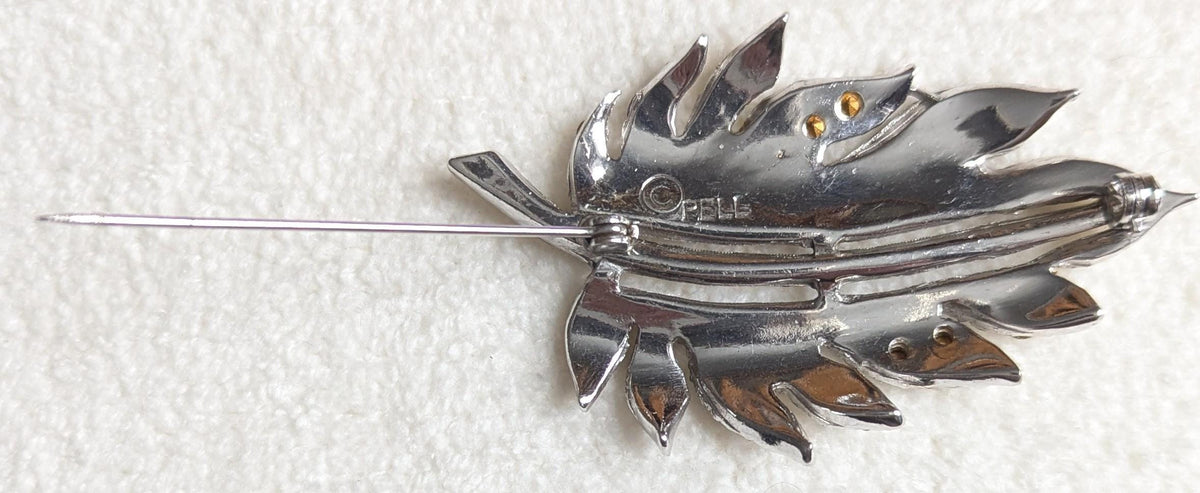 Pell Rhinestone Leaf Brooch | Vintage 1950s Silver Tone Botanical Pin