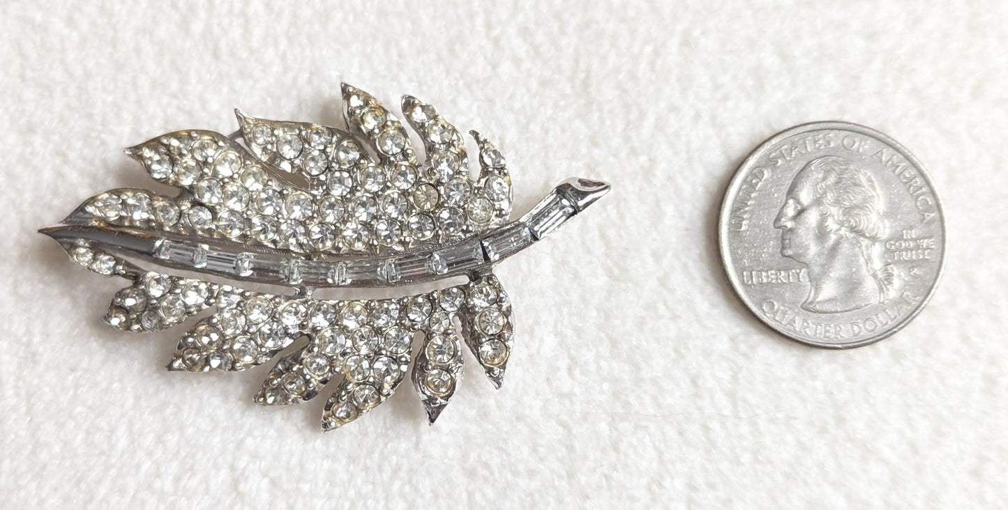 Pell Rhinestone Leaf Brooch | Vintage 1950s Silver Tone Botanical Pin
